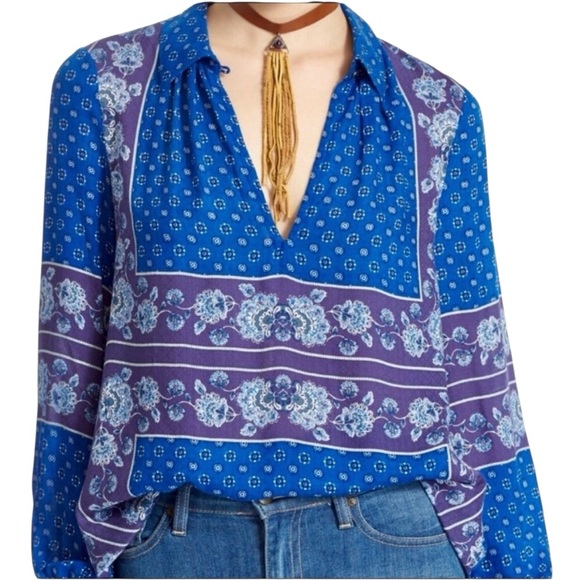 Free People Blue Changing Times Long Sleeve Tunic Top Boho Bandana Print Sz L - Picture 7 of 11